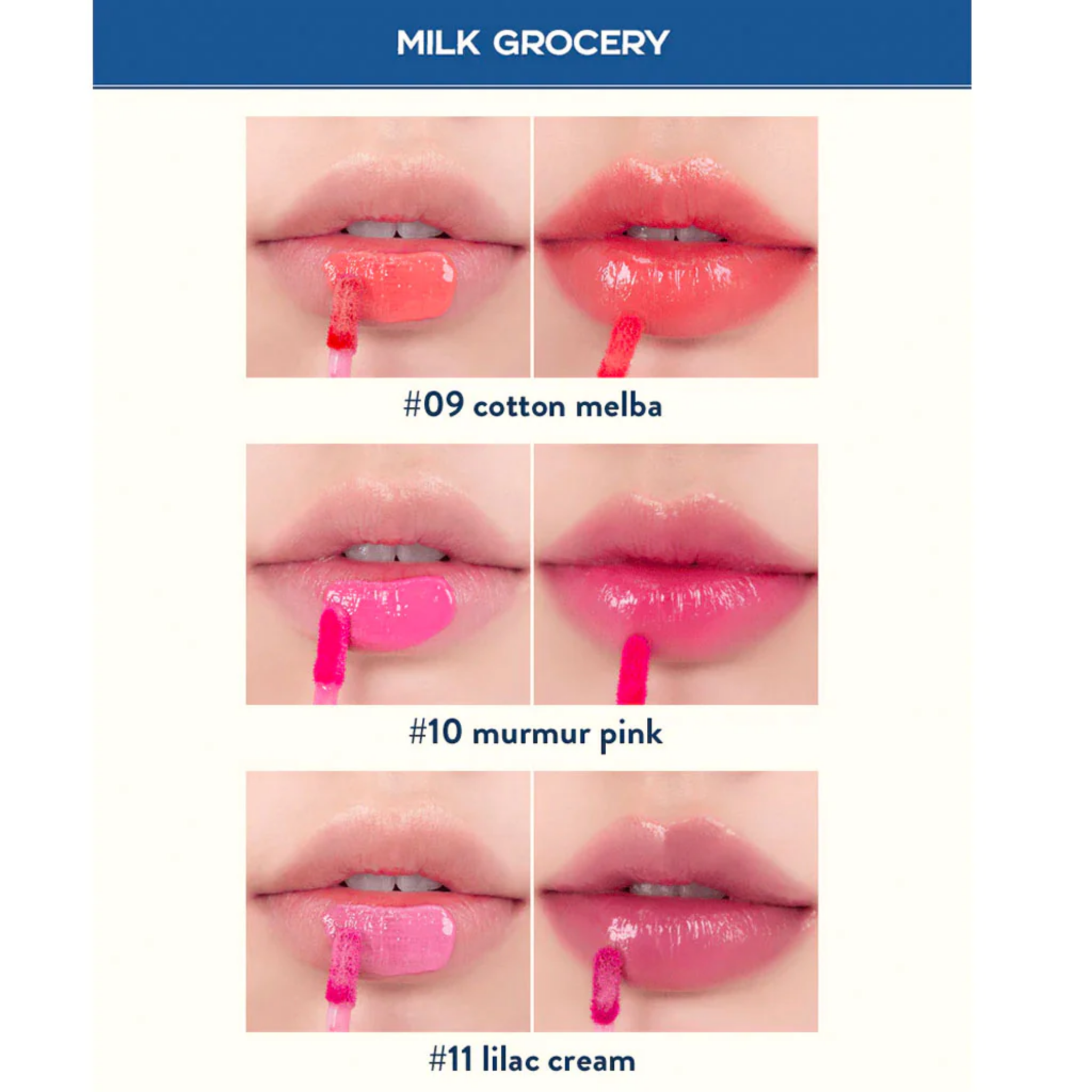 ROM&ND Dewyful Water Tint Milk Grocery Series - 3 Colours (5g) all shades swatches on lips
