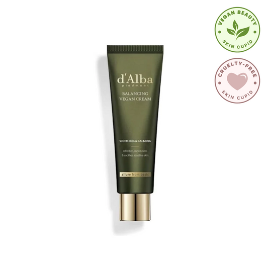 D'ALBA Mild Skin Balancing Vegan Cream (55ml) product images with vegan and cruelty free tags