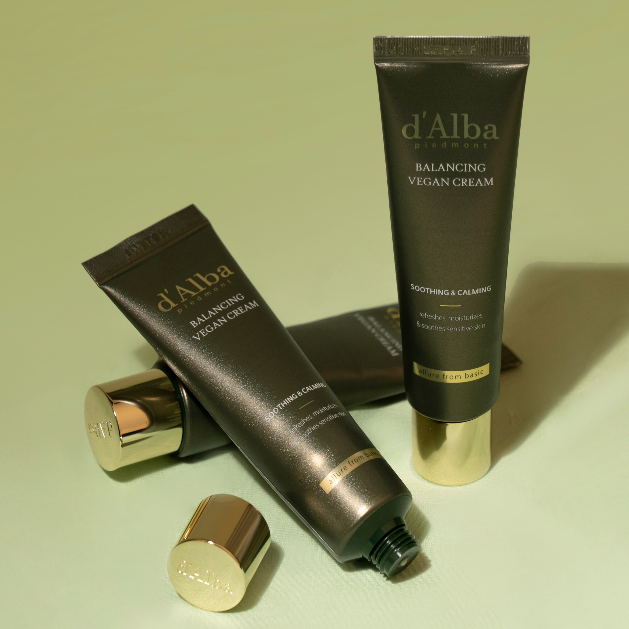 D'ALBA Mild Skin Balancing Vegan Cream (55ml) flat lay of the product with opened and closed lids