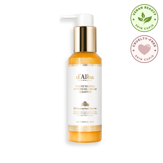 D'ALBA White Truffle Return Oil Cream Cleanser (150ml) product image with vegan and cruelty free tags