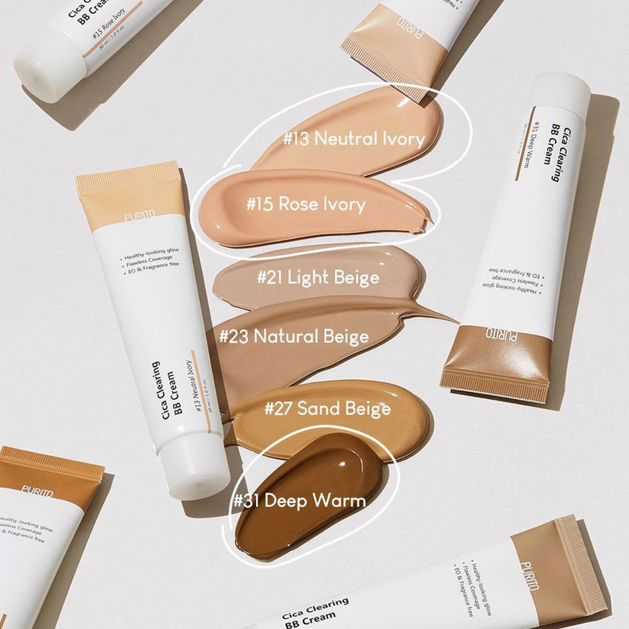 PURITO Cica Clearing BB Cream SPF38 - 6 Shades (30ml) shades swatch
