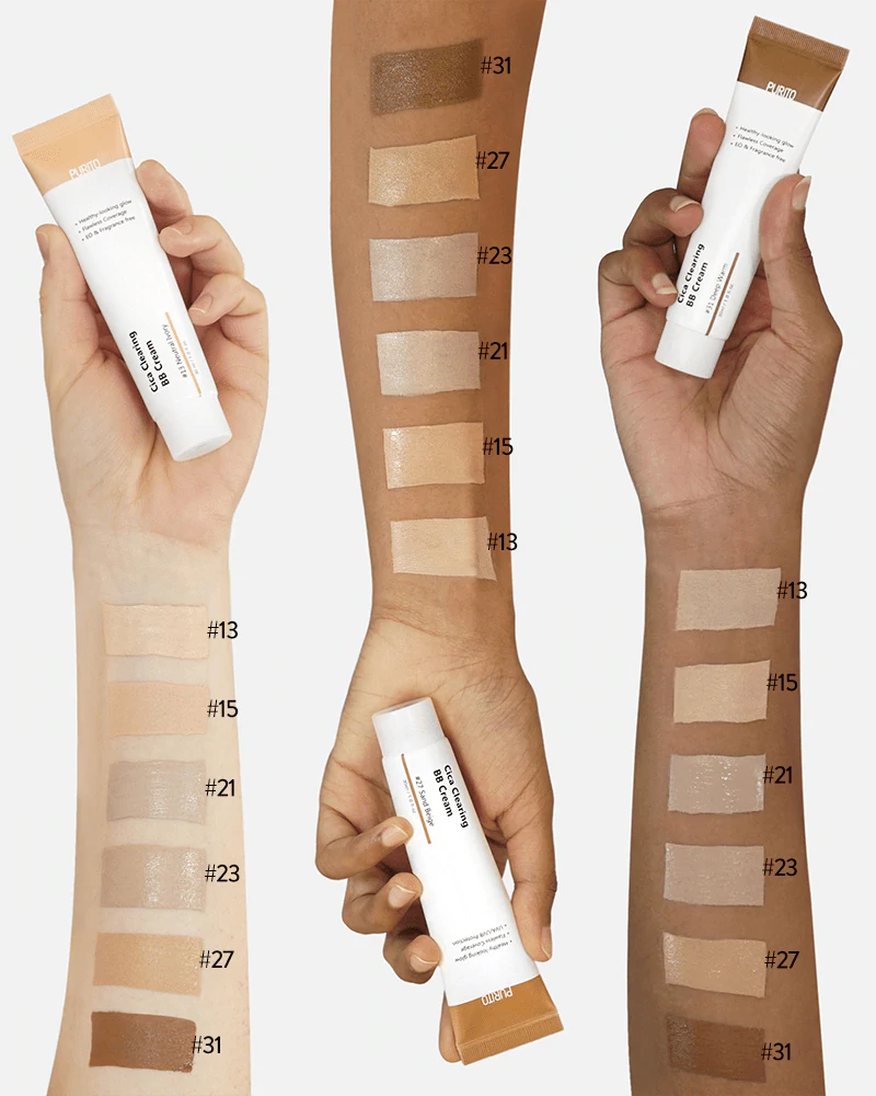 PURITO Cica Clearing BB Cream SPF38 - 6 Shades (30ml) swatches on skin